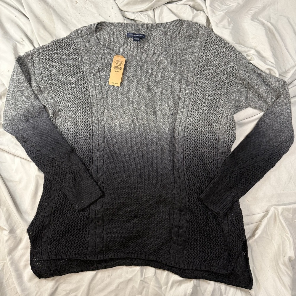 American Eagle Ombre Knit Sweater Womens Medium Gray Black Crew Neck 7648-020